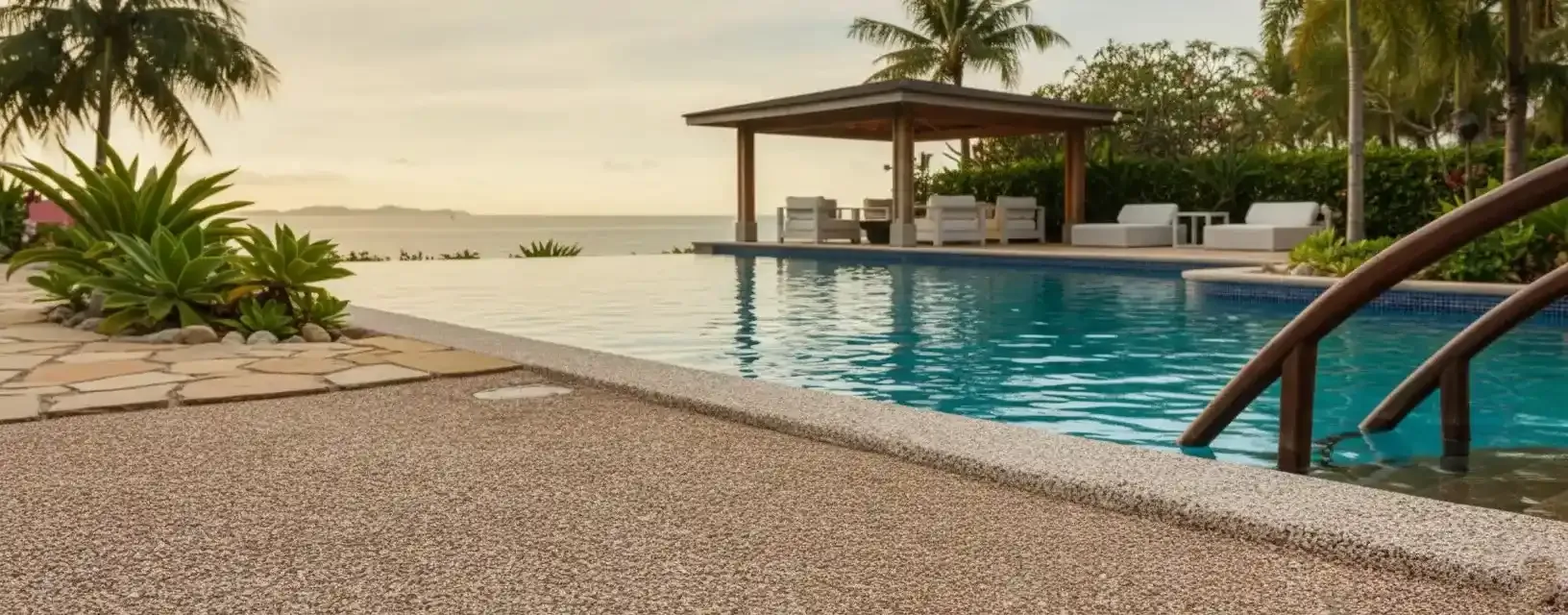 Resort pool deck with poured rubber surfacing at sunset