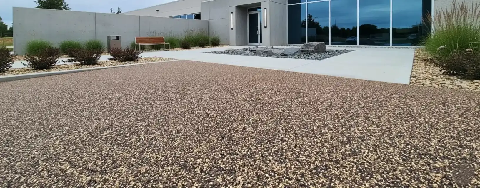 Grey granular resin surface laid in front of a modern building
