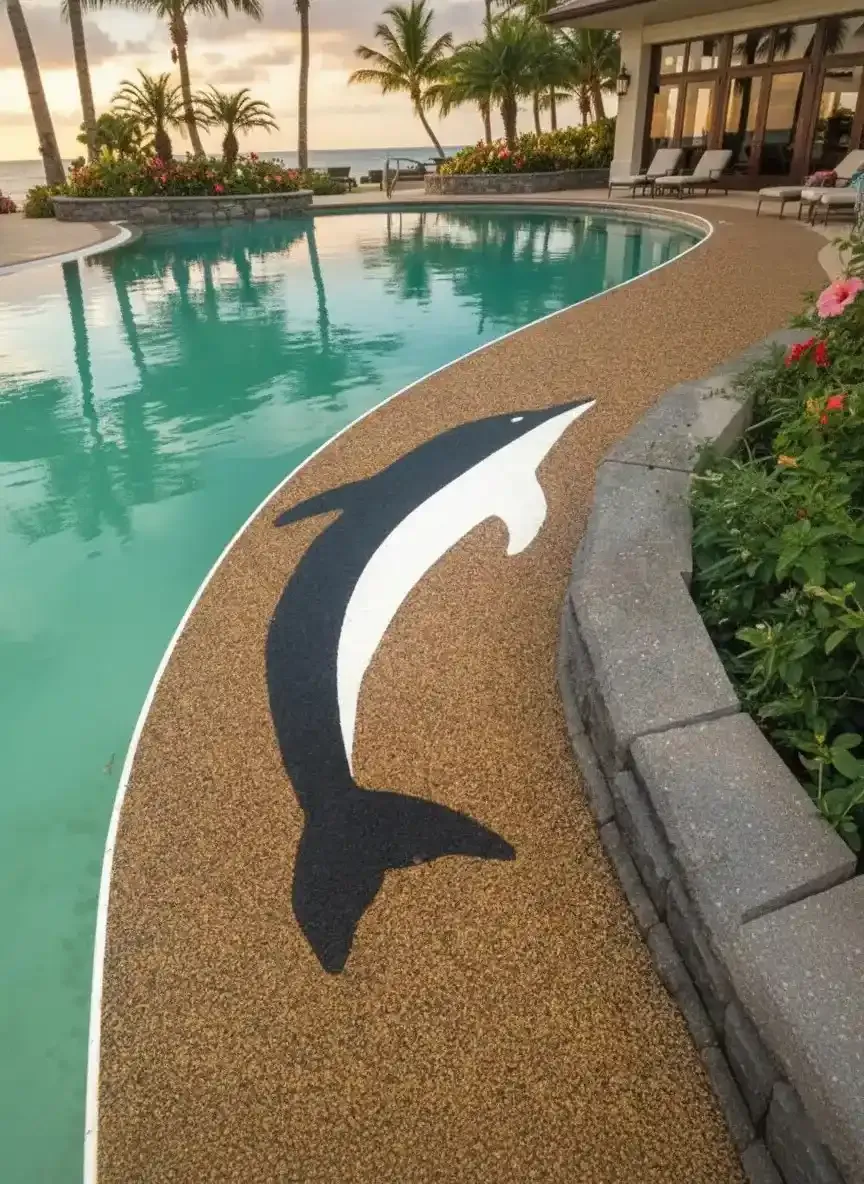Pool deck surfaced in tan rubber with a dolphin inlay beside a turquoise pool