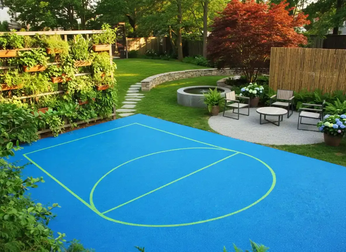 Blue poured rubber basketball court in a landscaped garden