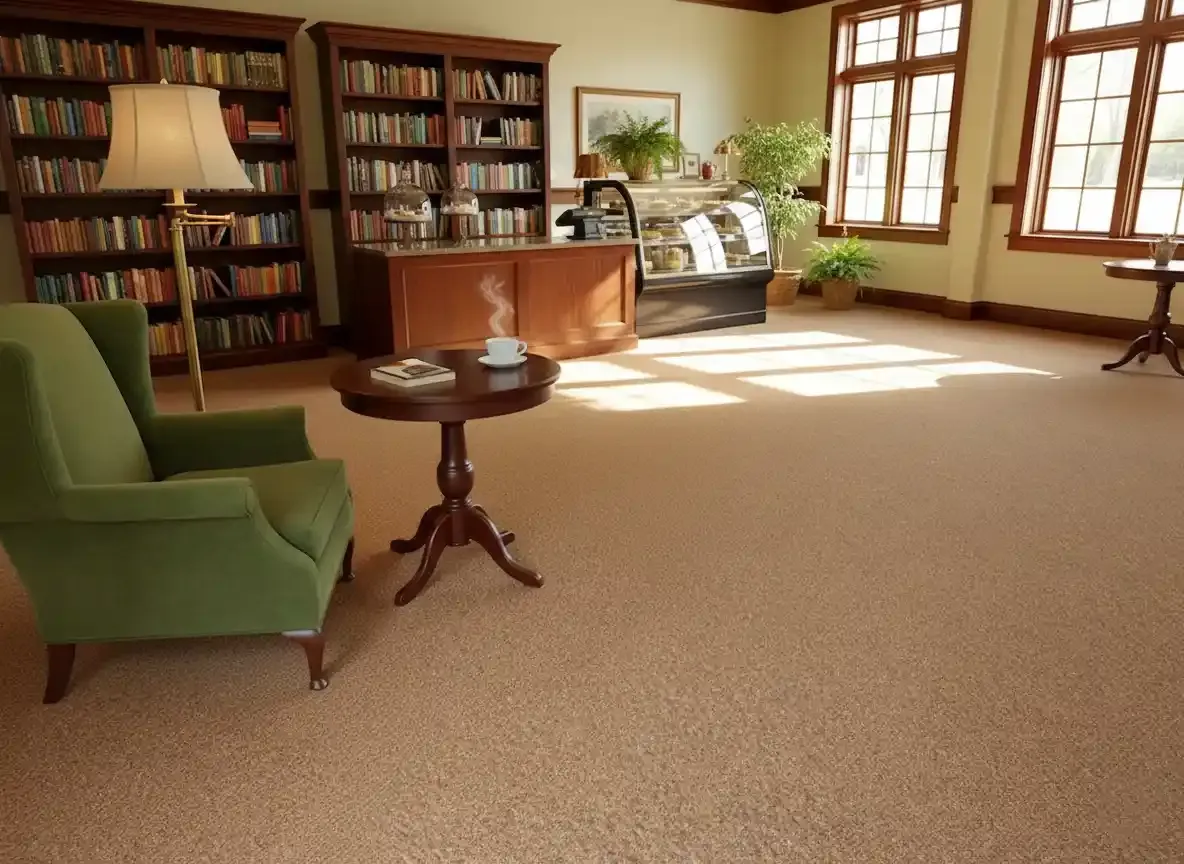 Warm tan rubber flooring in a library reading room