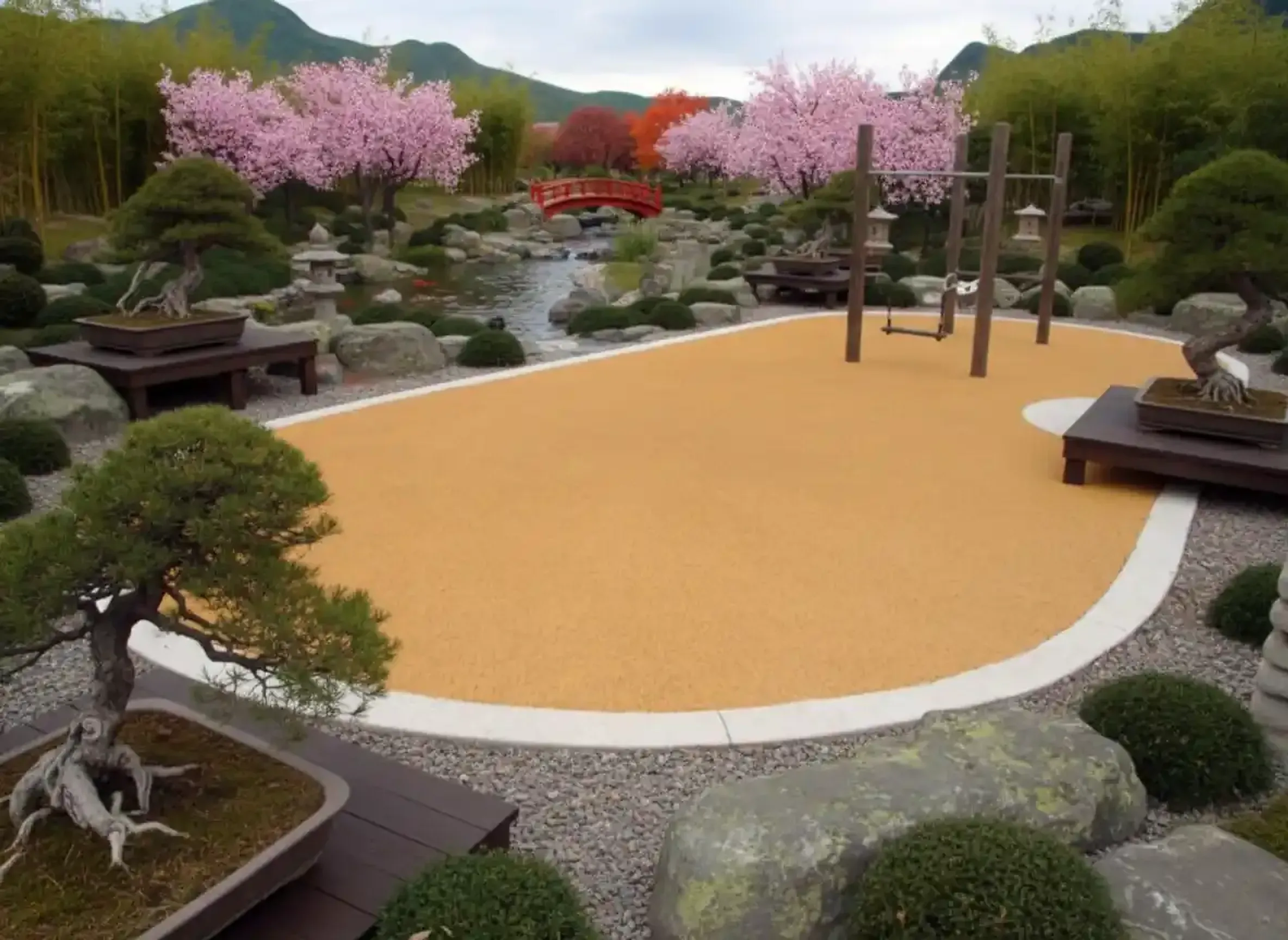 Tan rubber play area set into a landscaped garden