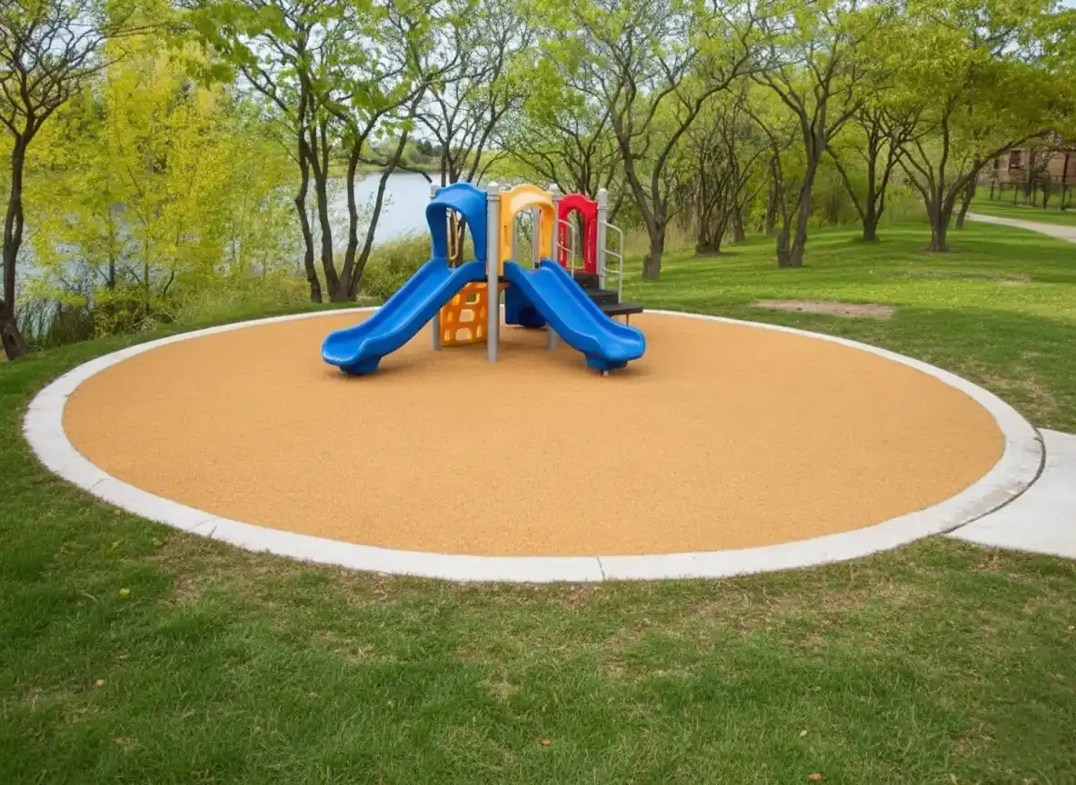 Round tan rubber playground base set into a park lawn