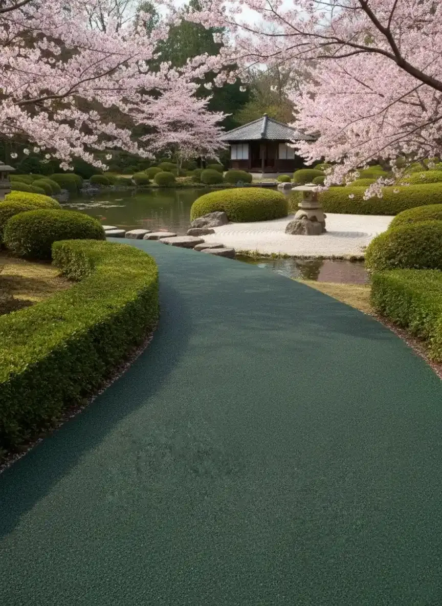 Dark green poured rubber garden path under cherry blossom