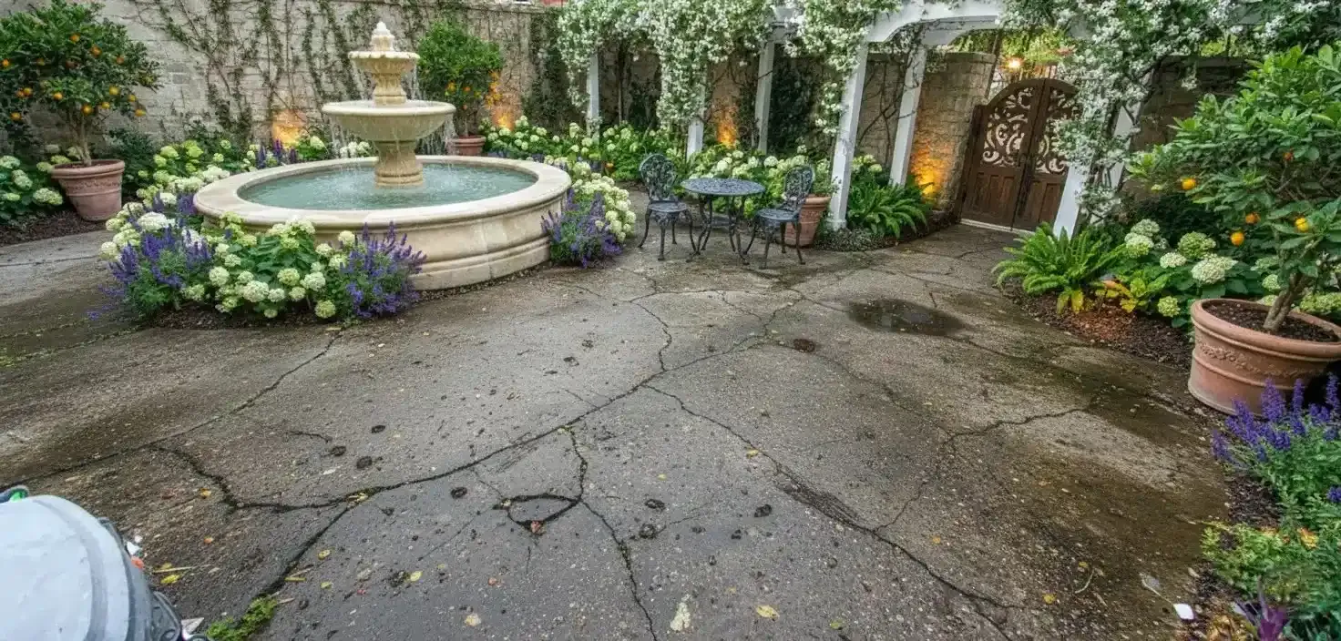 Courtyard around a fountain resurfaced in grey speckled rubber