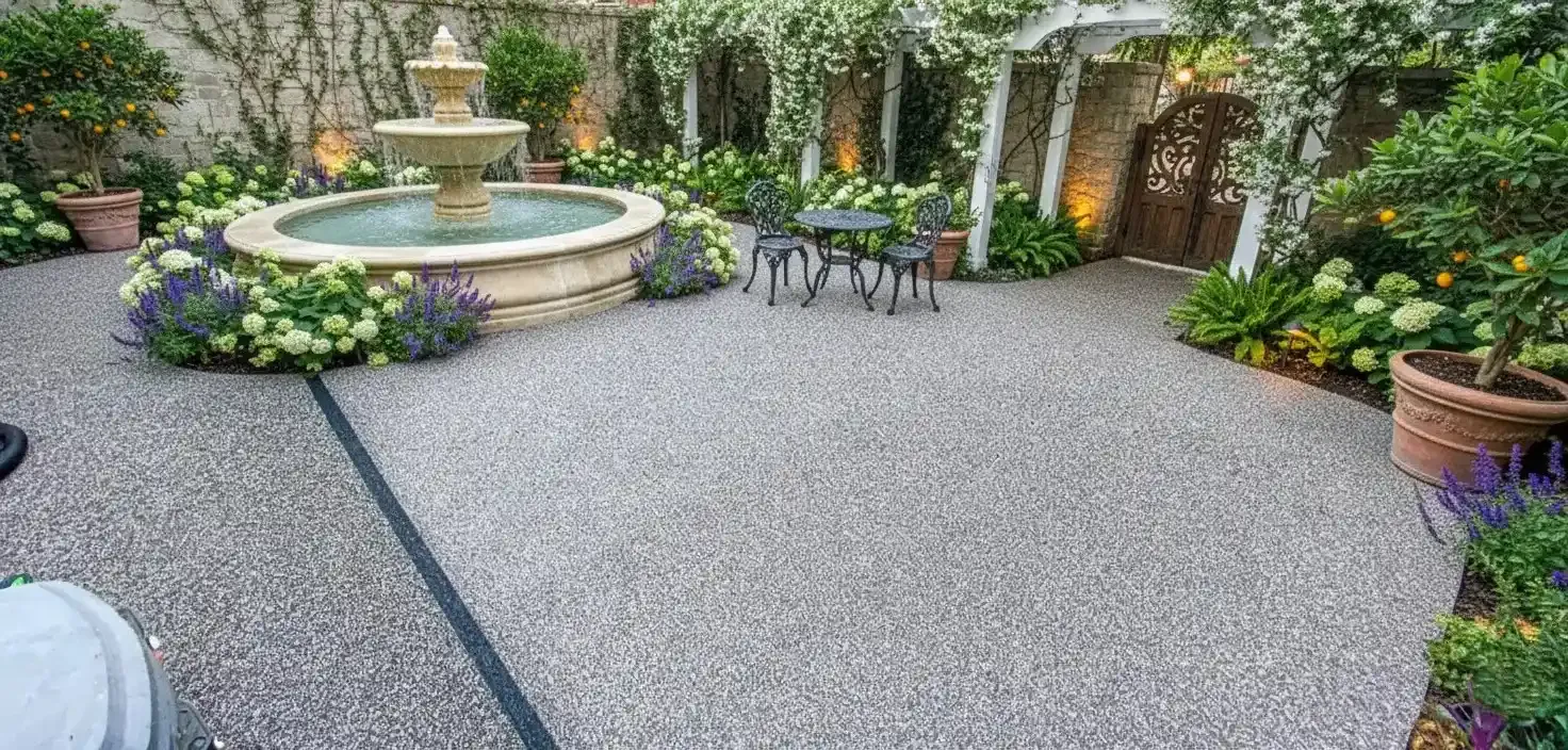 Cracked concrete courtyard patio around a stone fountain before resurfacing