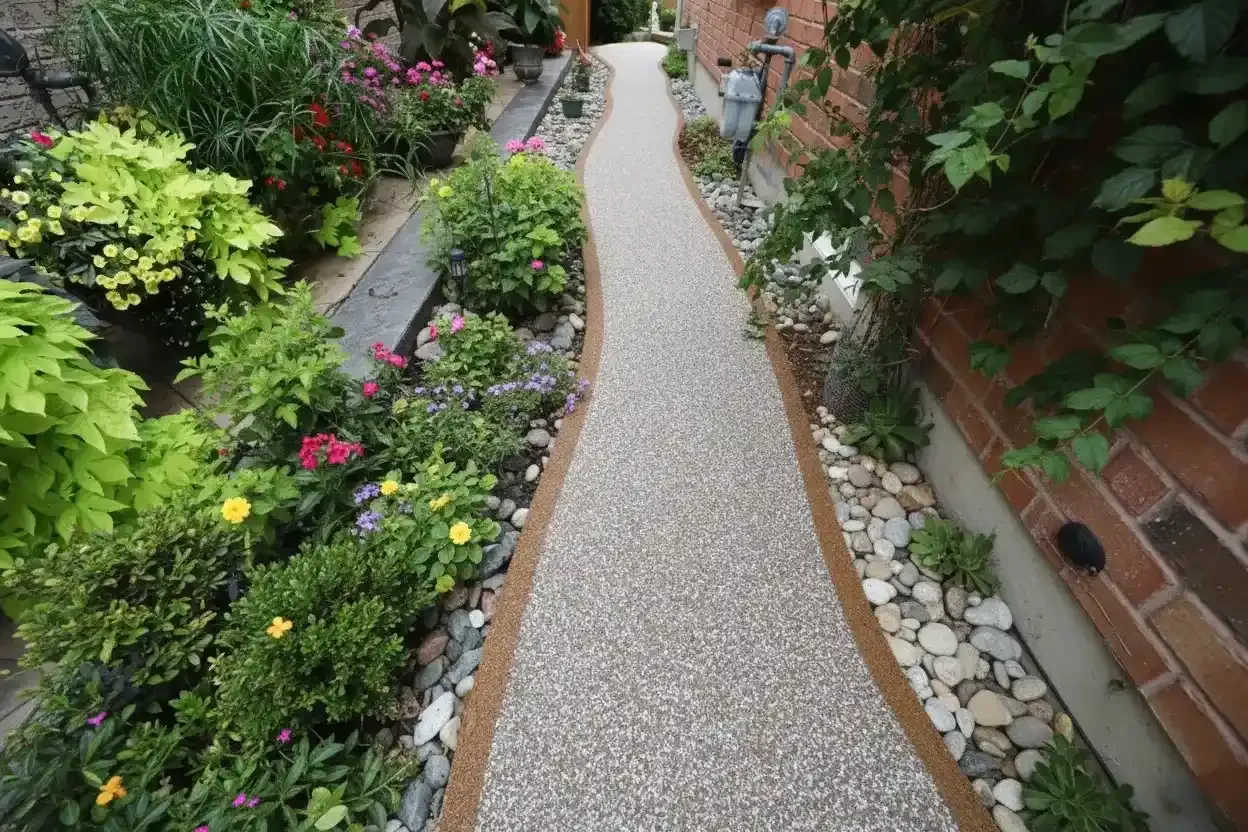 Speckled rubber garden pathway edged with brick and planting