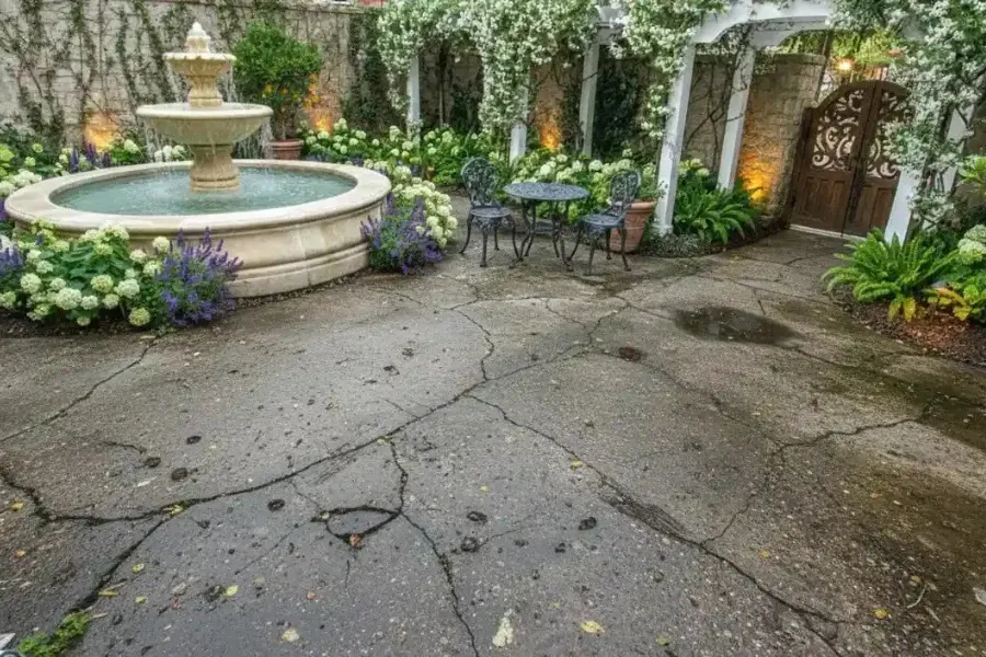 Cracked and stained concrete courtyard around a fountain, before resurfacing