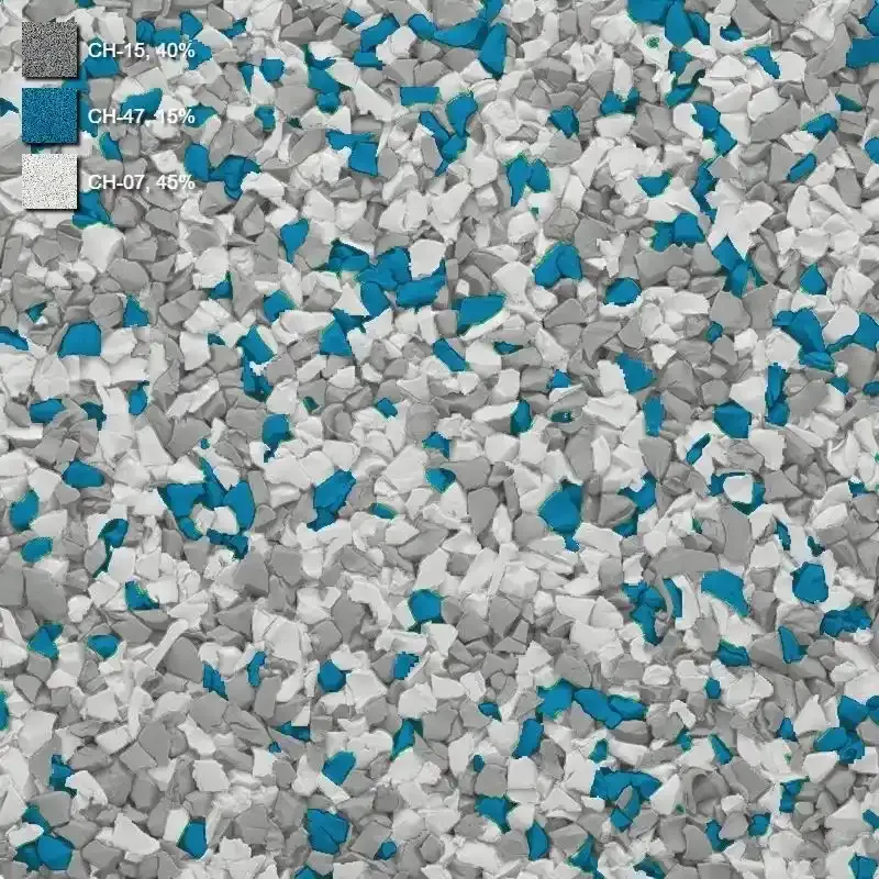 Sarasota blend swatch of grey, blue and white granules with recipe percentages