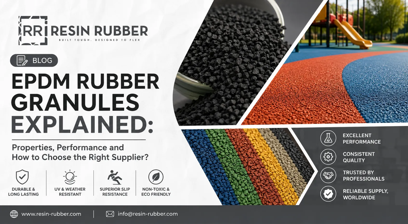 Close-up of loose EPDM rubber granules in several colors